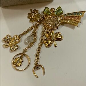 Kirk’s Folly: Pot of gold brooch/pin with dangle shamrocks, rings and horseshoe